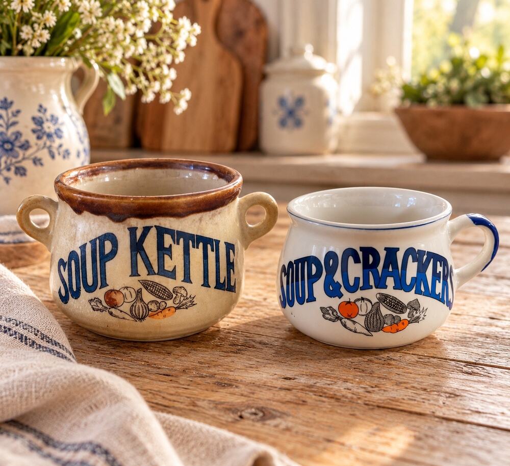Vintage Japan Soup Kettle Soup & Crackers Ceramic Bowls Set of 2